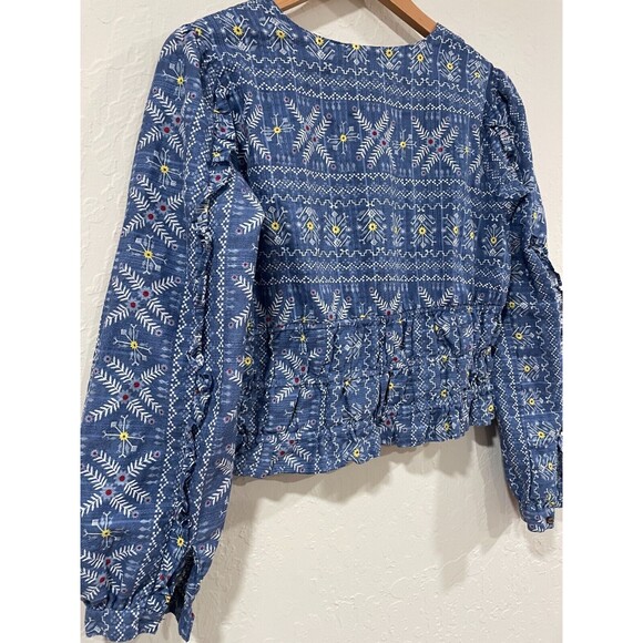 ~Anthropologie Forever That Girl S Embroidered Smocked Blouse Blue Faux Wrap Top - Picture 6 of 16
